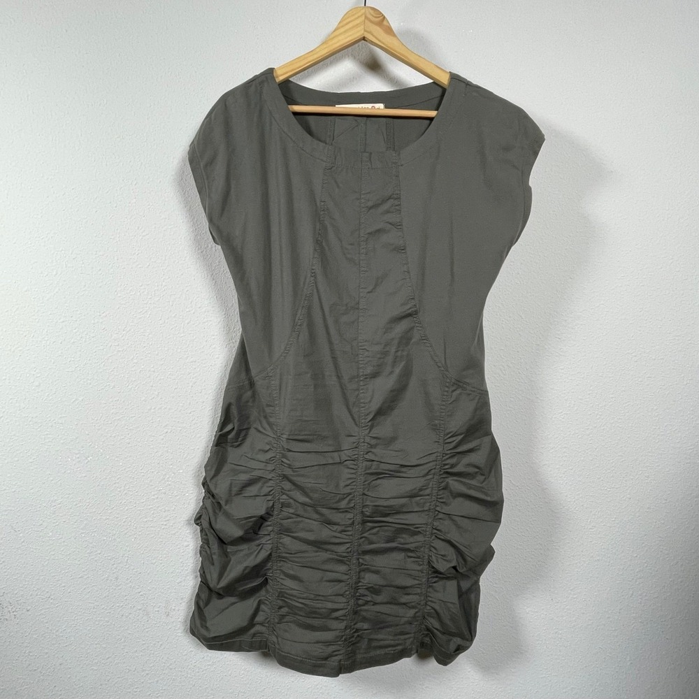 Wearables Ruched Mini Dress Women Size L Olive Olive Green Cap Sleeve Cotton